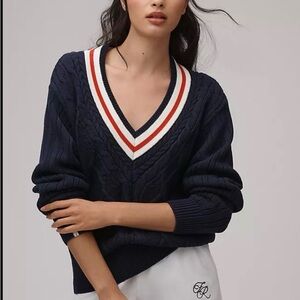 Casual Corner Navy and White V-Neck Sweater